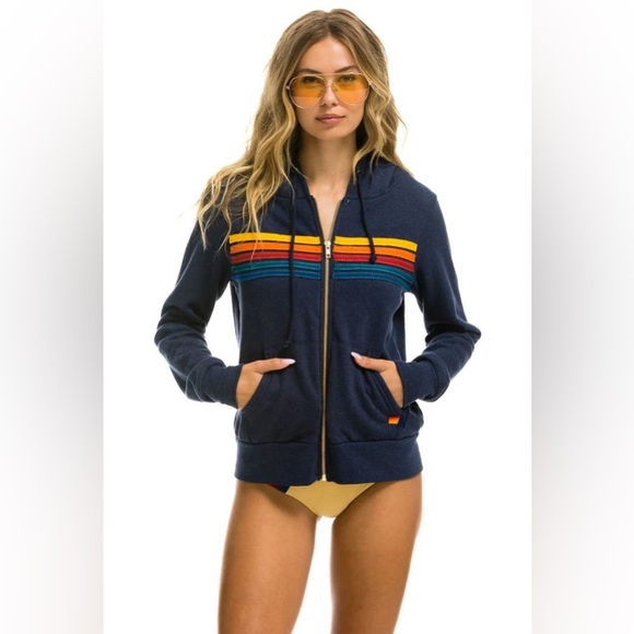 Aviator Nation 5 Stripe Navy Full-Zip Unisex Hoodie Size XS - Picture 1 of 9